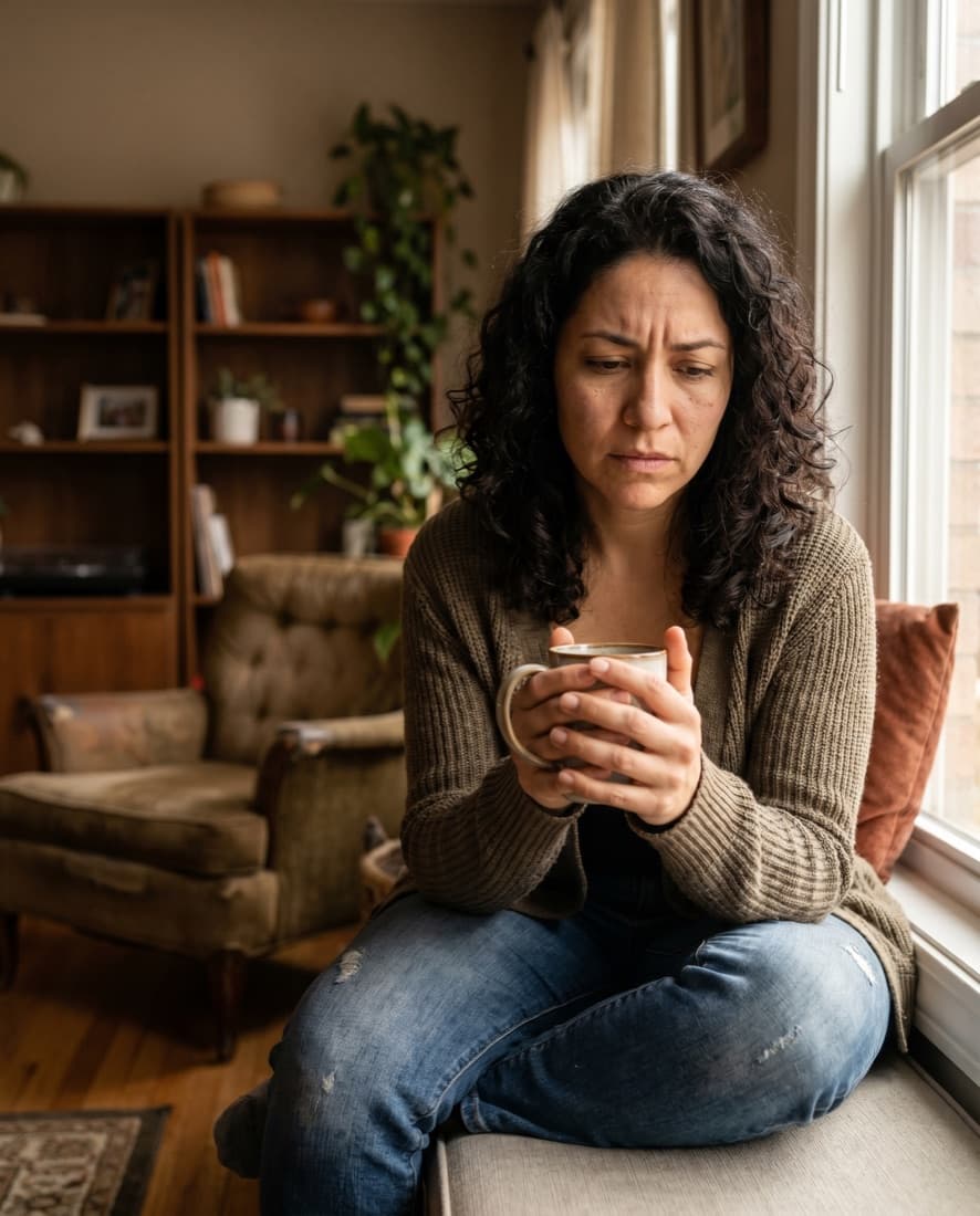Mujer pensativa junto a la ventana de su casa, reflexionando tras una discusión.