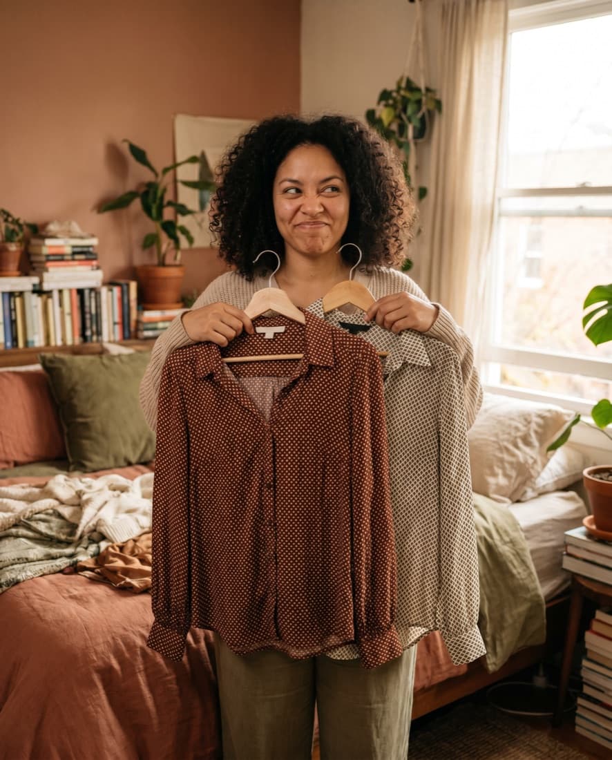 Mujer en su cuarto comparando dos blusas para decidir qué ponerse.